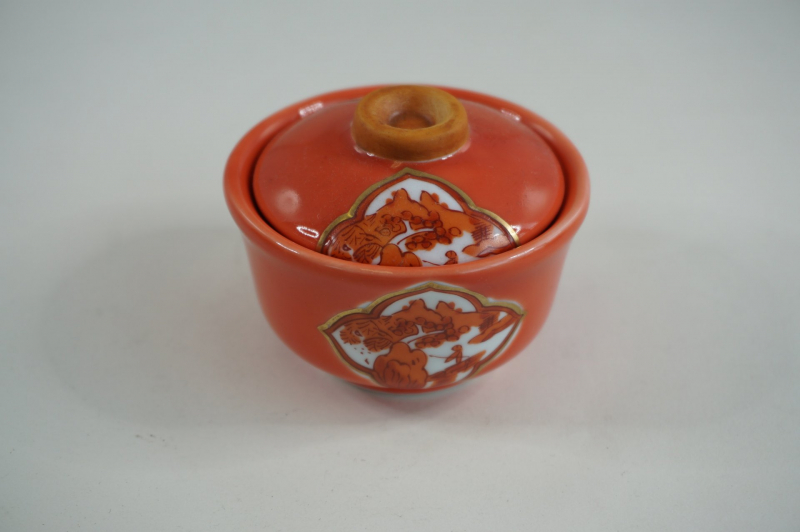 赤釉木甲山水(赤)ﾂﾏﾐ金茶　小蓋物珍味 1