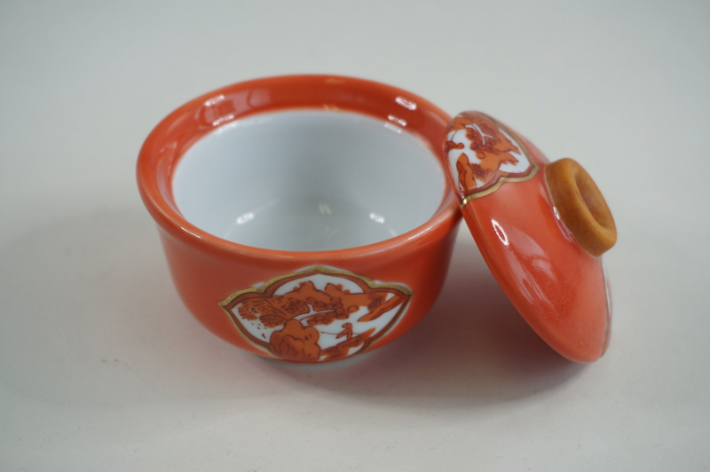 赤釉木甲山水(赤)ﾂﾏﾐ金茶　小蓋物珍味 3