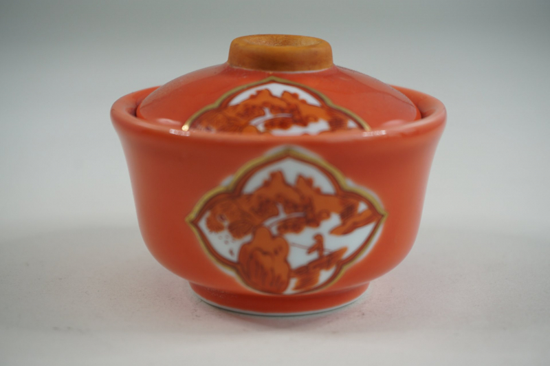赤釉木甲山水(赤)ﾂﾏﾐ金茶　小蓋物珍味 4